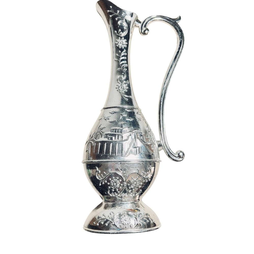 Unbranded Ornate Decorative Pitcher Ewer OS Silver Embossed Floral Scenic Home